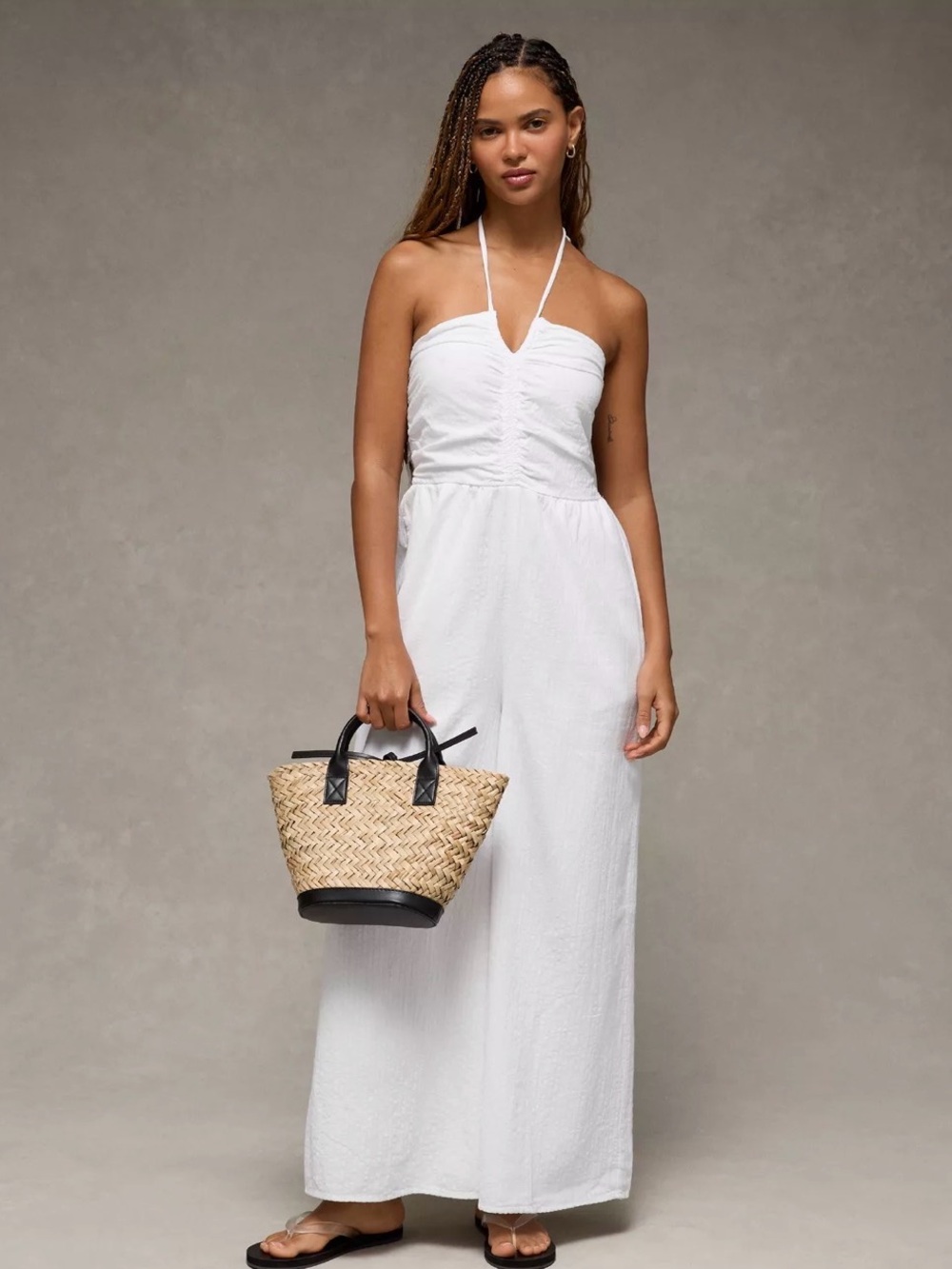AE Cut-Out Halter White Ruched Jumpsuit